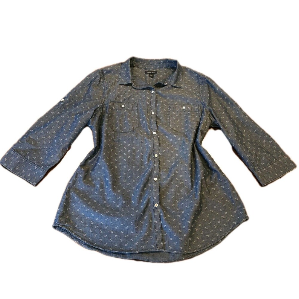 LANDS END chambray anchor print shirt women's 16T roll tab 3/4 sleeve coastal